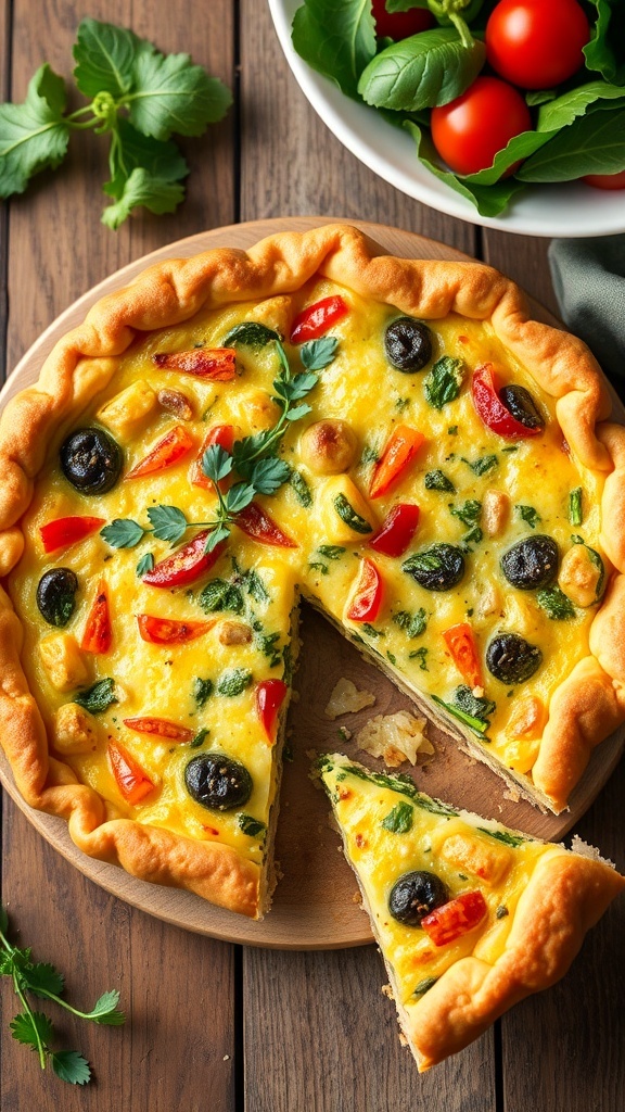 A golden vegetable quiche with spinach and bell peppers on a wooden table, garnished with herbs.
